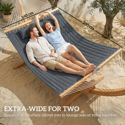 Double Hammock 2 Person Swing Bed with Spreader Bars, Pillows, Pad, 200 x 140cm, Grey