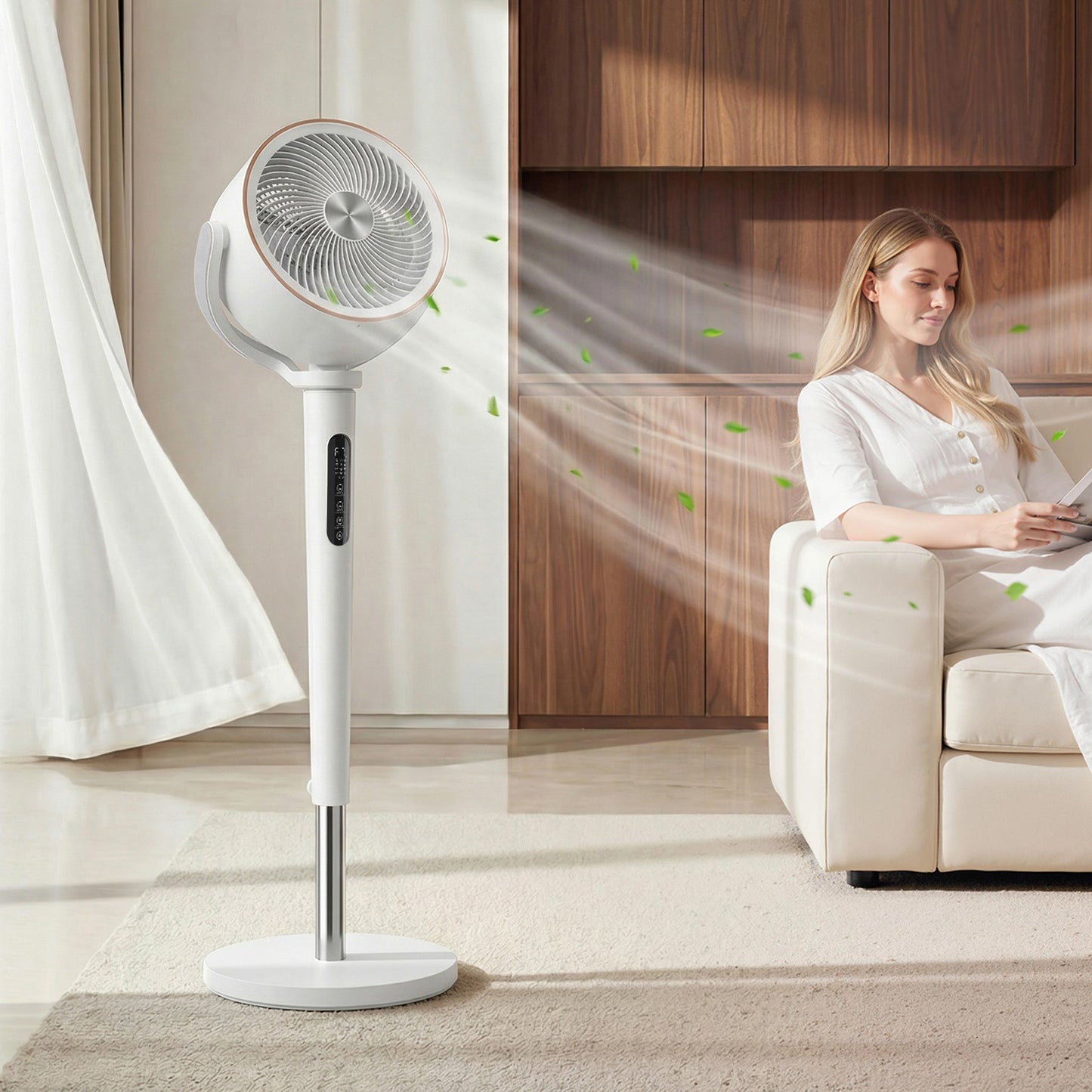 20dB Silent Standing Fan, 70°+90° Auto Oscillating Fan with 12 Speeds, LED Light, Air Circulator, Remote Control, 12H Timer