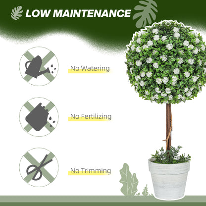 Set of 2 Decorative Artificial Plants, Ball Topiary Tree with Rose Flower in Pot, Fake Plants for Home Indoor Outdoor Decor