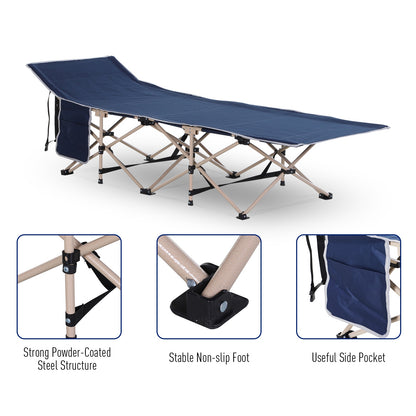 Single Person Camping Bed Folding Cot Outdoor Patio Portable Military Sleeping Bed Travel Guest Leisure Fishing with Side Poc