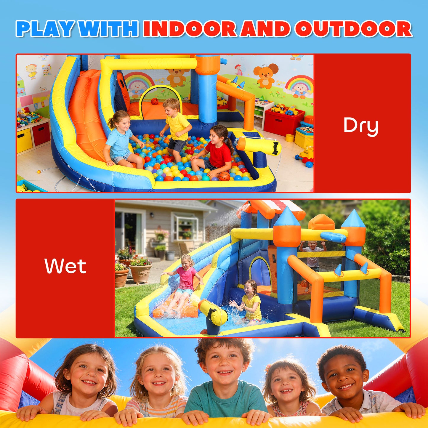 Bouncy Castle for Kids, Inflatable Bounce House with Long Slide, Splash Pool and 550W Blower for Indoor Outdoor