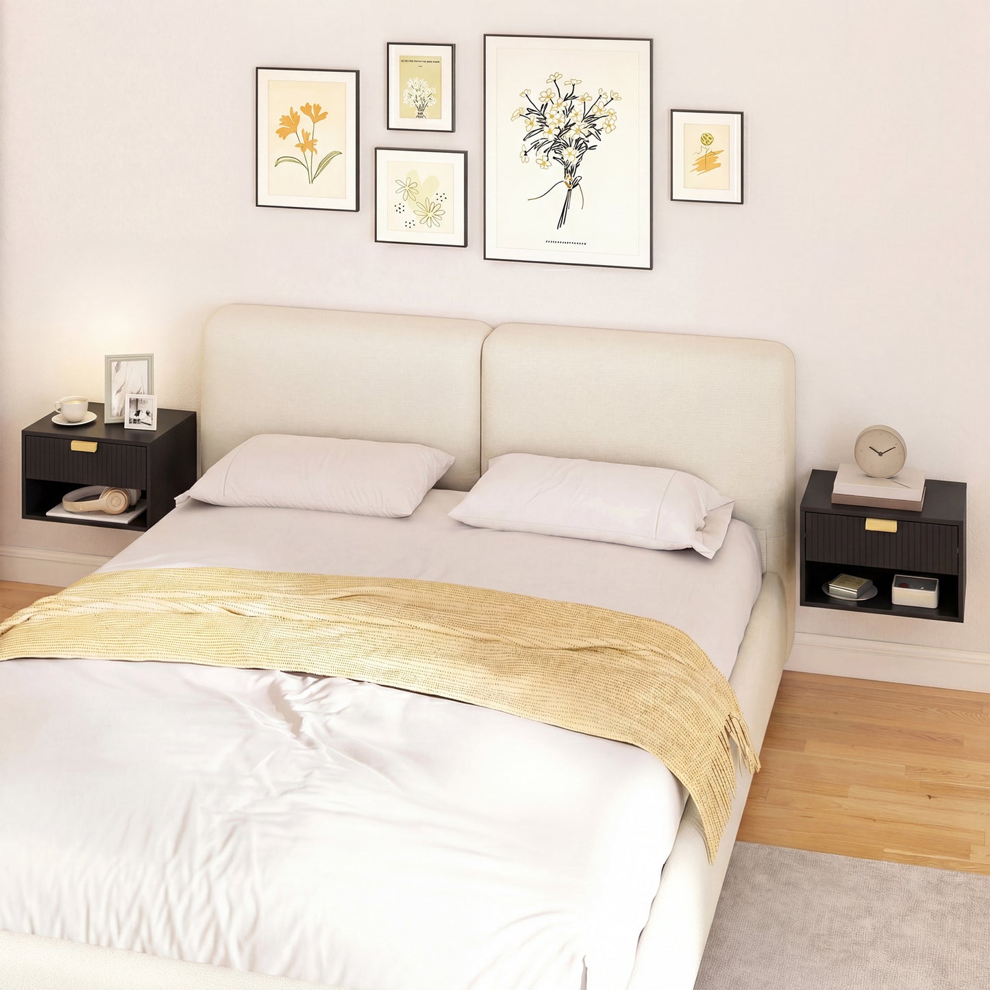 Set of 2 Wall Mounted Nightstands, Floating Bedside Tables with Fluted Drawer and Open Shelf for Small Bedroom, Black