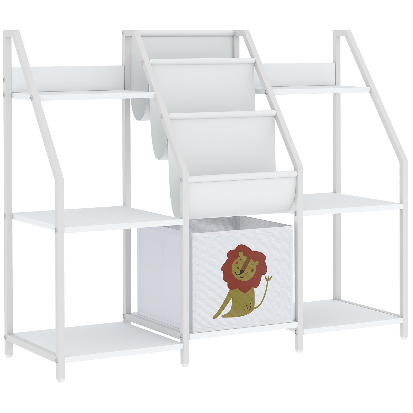 Kids Bookshelf and Toy Storage with 3-Tier Sling Book Rack and Fabric Drawer for Nursery, Bedroom, Playroom, White