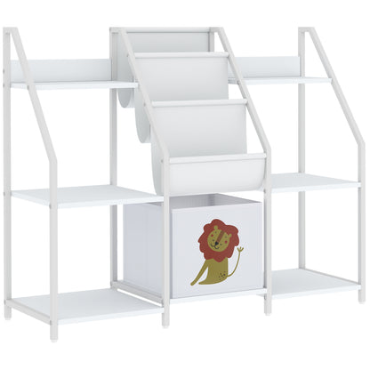 Kids Bookshelf and Toy Storage with 3-Tier Sling Book Rack and Fabric Drawer for Nursery, Bedroom, Playroom, White