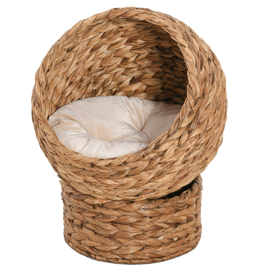 Woven Banana Leaf Elevated Cat Bed Wicker Kitten Basket Pet Den, House Cosy Cave with Soft Cushion Dome 50x42x60cm Brown