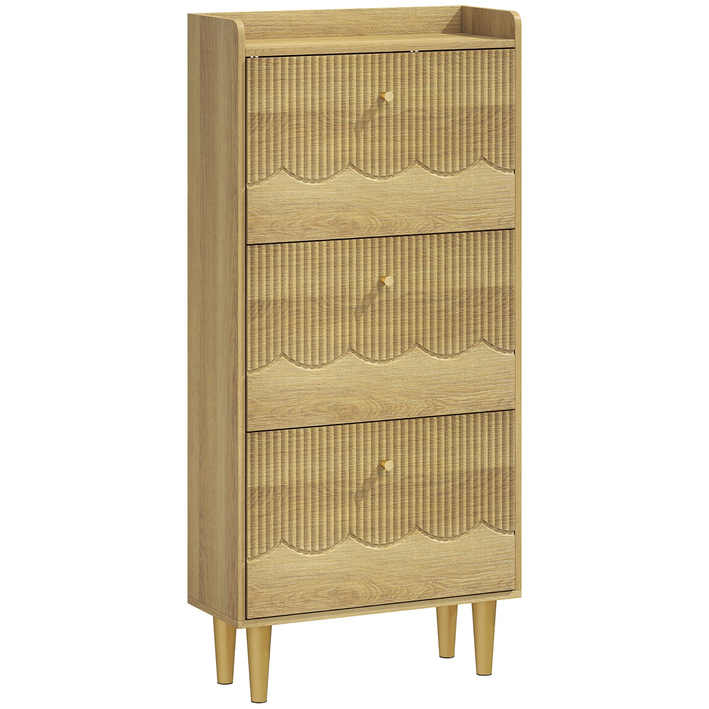 Narrow Shoe Cabinet, Modern Shoe Storage Cabinet with 3 Flip Drawers, Oak