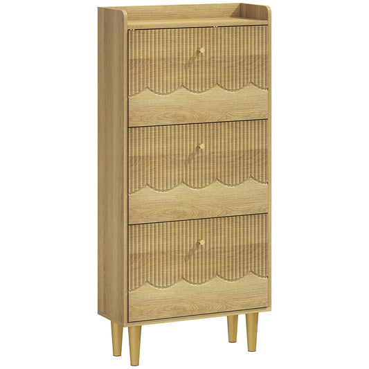 Narrow Shoe Cabinet, Modern Shoe Storage Cabinet with 3 Flip Drawers, Oak