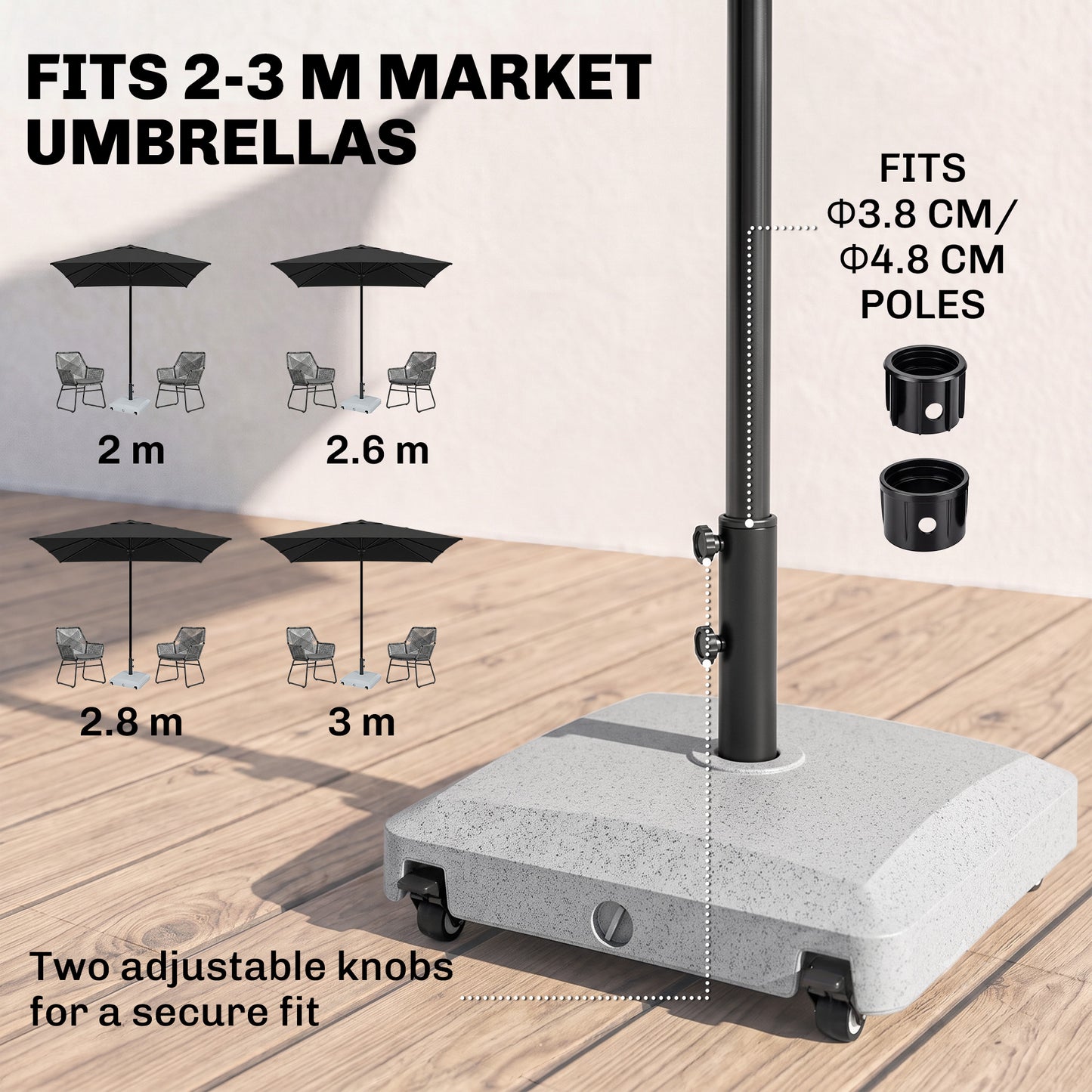 Garden Parasol Base Holder, 24kg Water or 30kg Sand Filled, Outdoor Market Umbrella Stand Weight with Wheels and Brakes, Grey