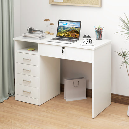 Computer Desk, Home Office Desk with Lockable Drawer, Storage Shelf for Study Bedroom, 110 x 50 x 76 cm, White