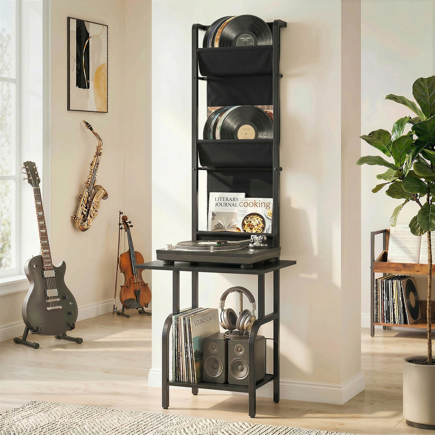 Vinyl Record Player Stand Record Storage with Player Stand Oxford Fabric Pockets Bottom Shelf, Black