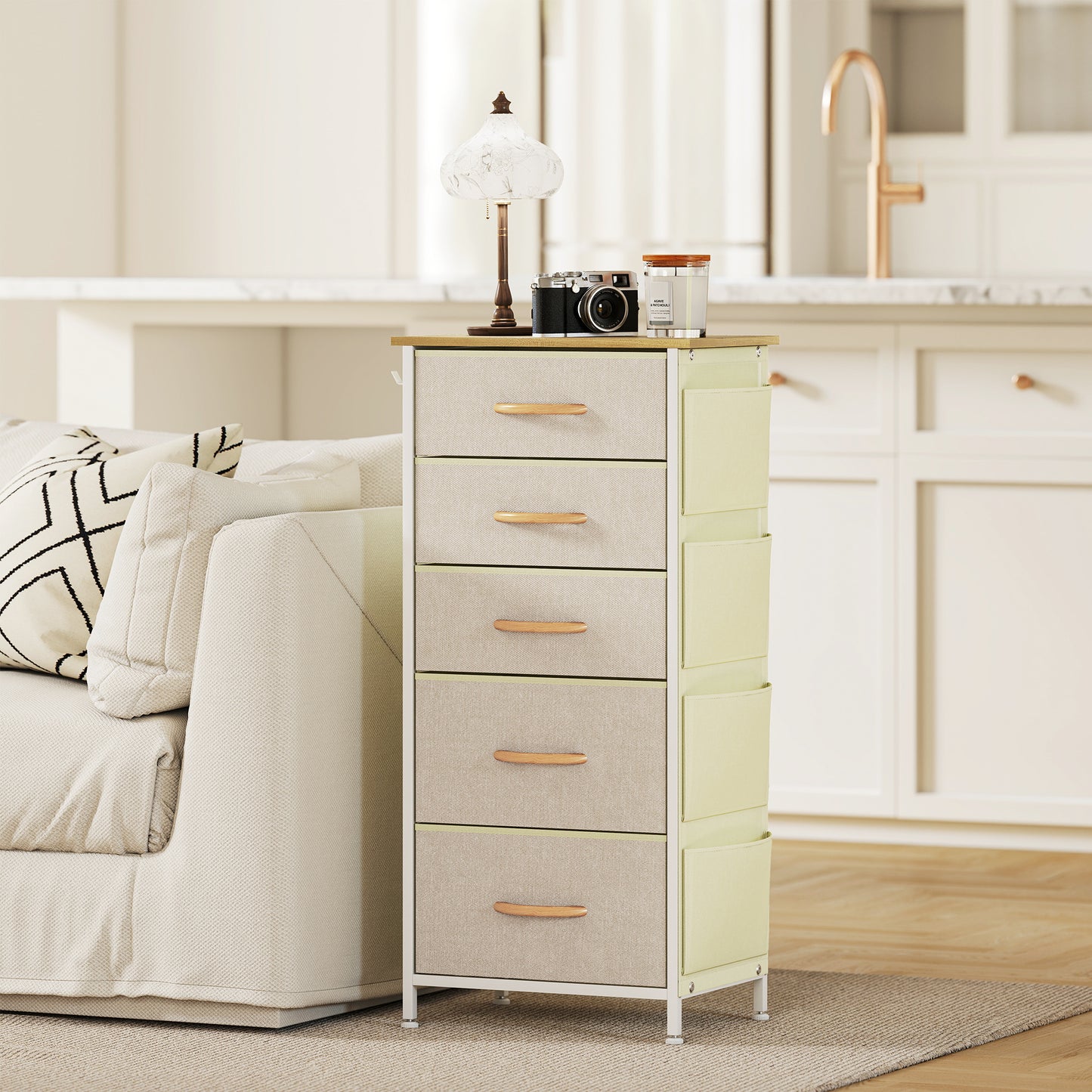 Chest of Five Fabric Drawers - Beige