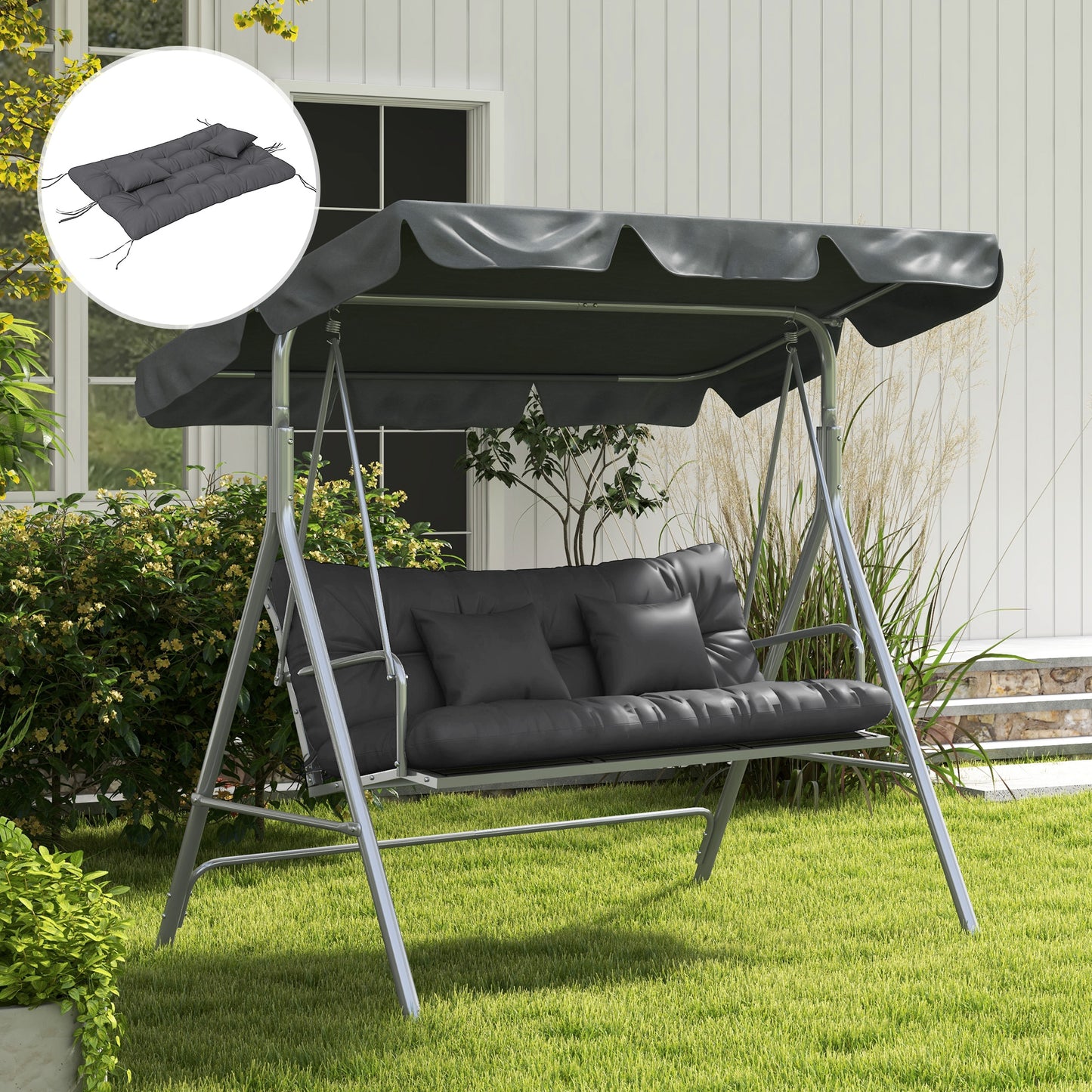 Back and Seat Cushion Replacement with 2 Pillows, Patio Chair Cushions Set with Ties, Charcoal Grey