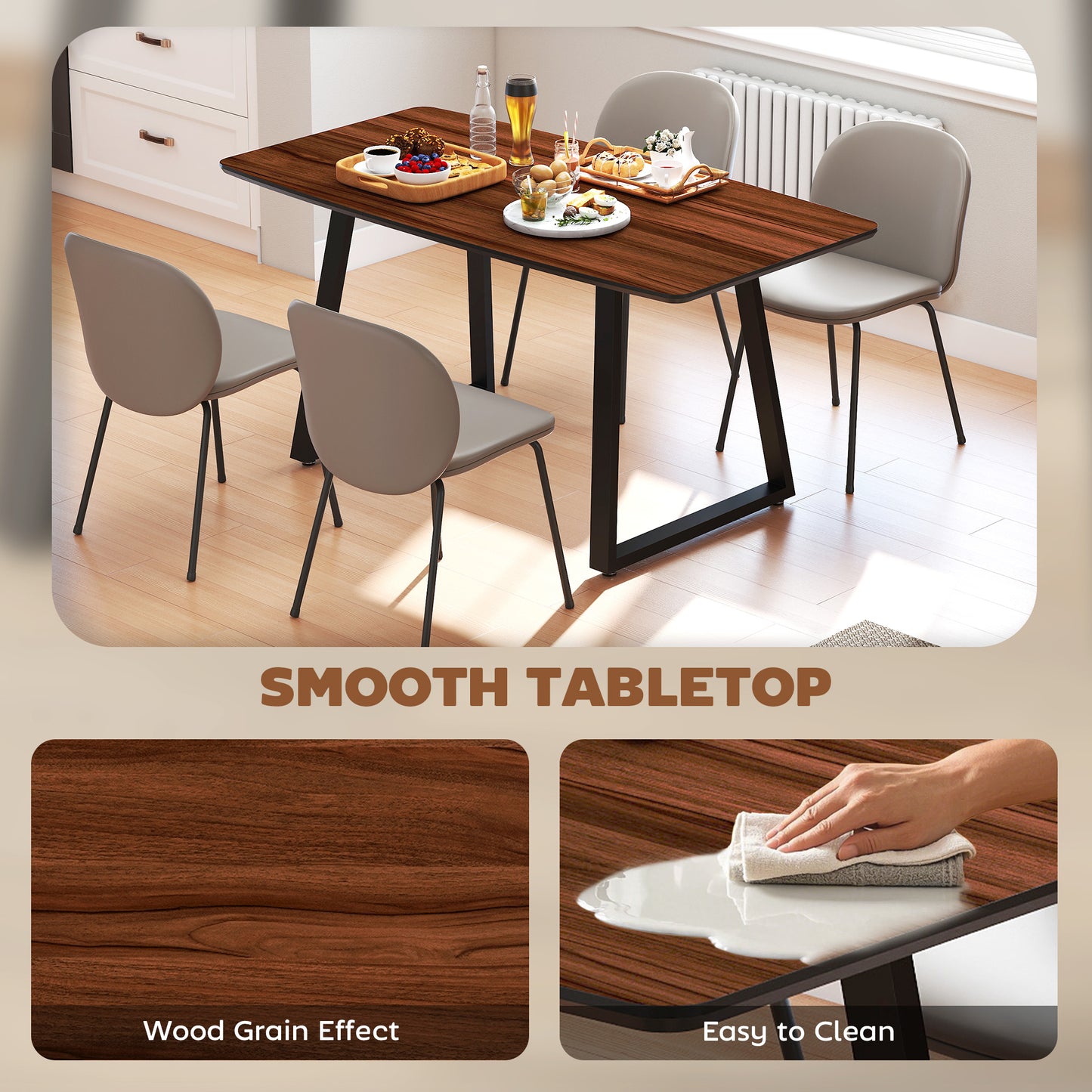 Extendable Dining Table Rectangular Wood Effect Tabletop for 4-6 People with Steel Frame & Hidden Leaves for Kitchen