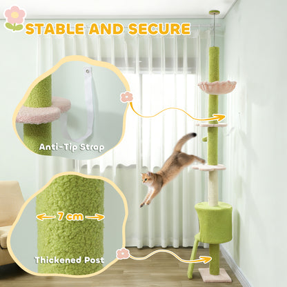 220-240 cm Floor to Ceiling Cat Tree Adjustable Height with Hammock, Condo, Scratching Posts, Green