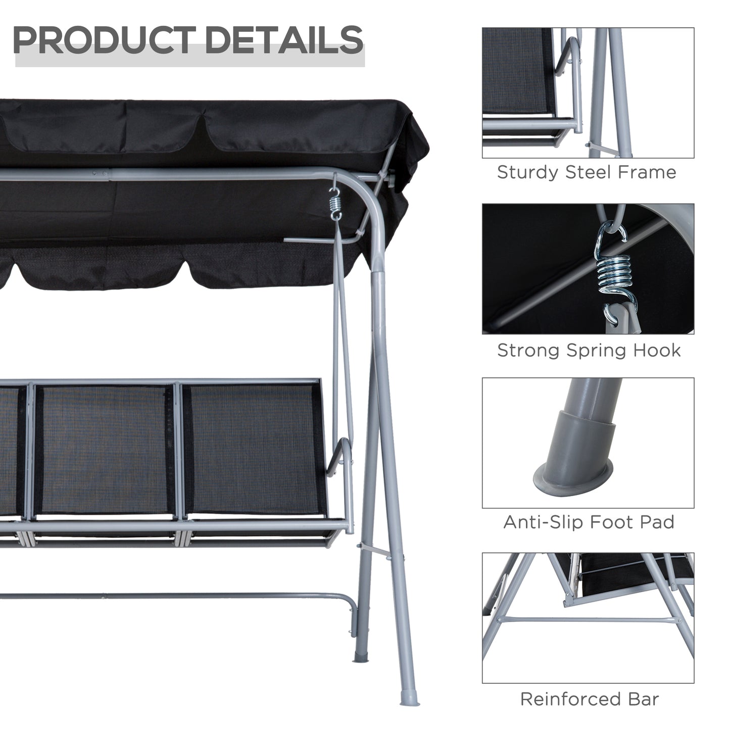 Outdoor 3-Seater Swing Chair-Black
