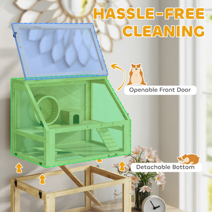 Wooden Hamster Cage with Detachable 32cm Deep Bottom, Hut, Seesaw, Exercise Wheel, Ramp, 60 x 40 x 75cm, Natural