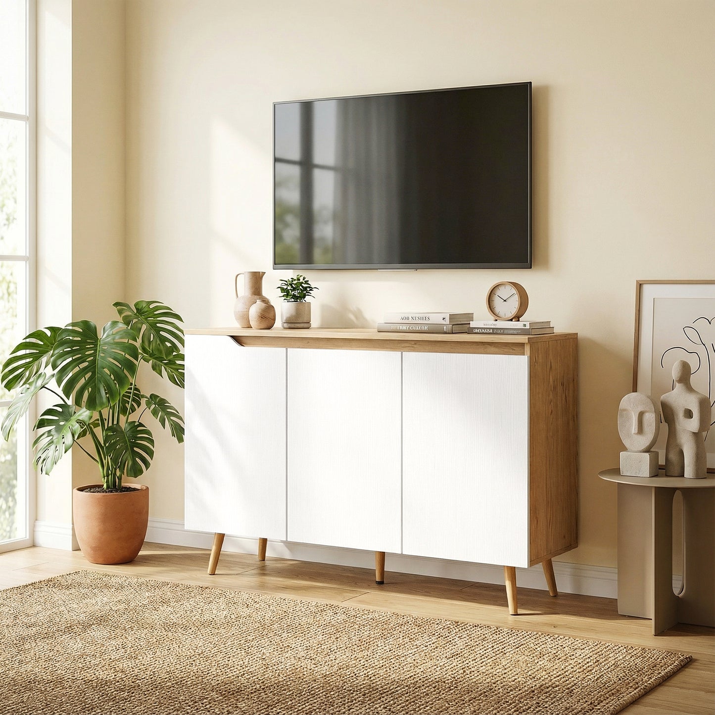 Sideboard Storage Cabinet, Kitchen Cupboard with 3 Doors, 2 Adjustable Shelves and 5 Rubberwood Legs, White and Oak