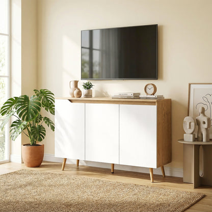 Sideboard Storage Cabinet, Kitchen Cupboard with 3 Doors, 2 Adjustable Shelves and 5 Rubberwood Legs, White and Oak