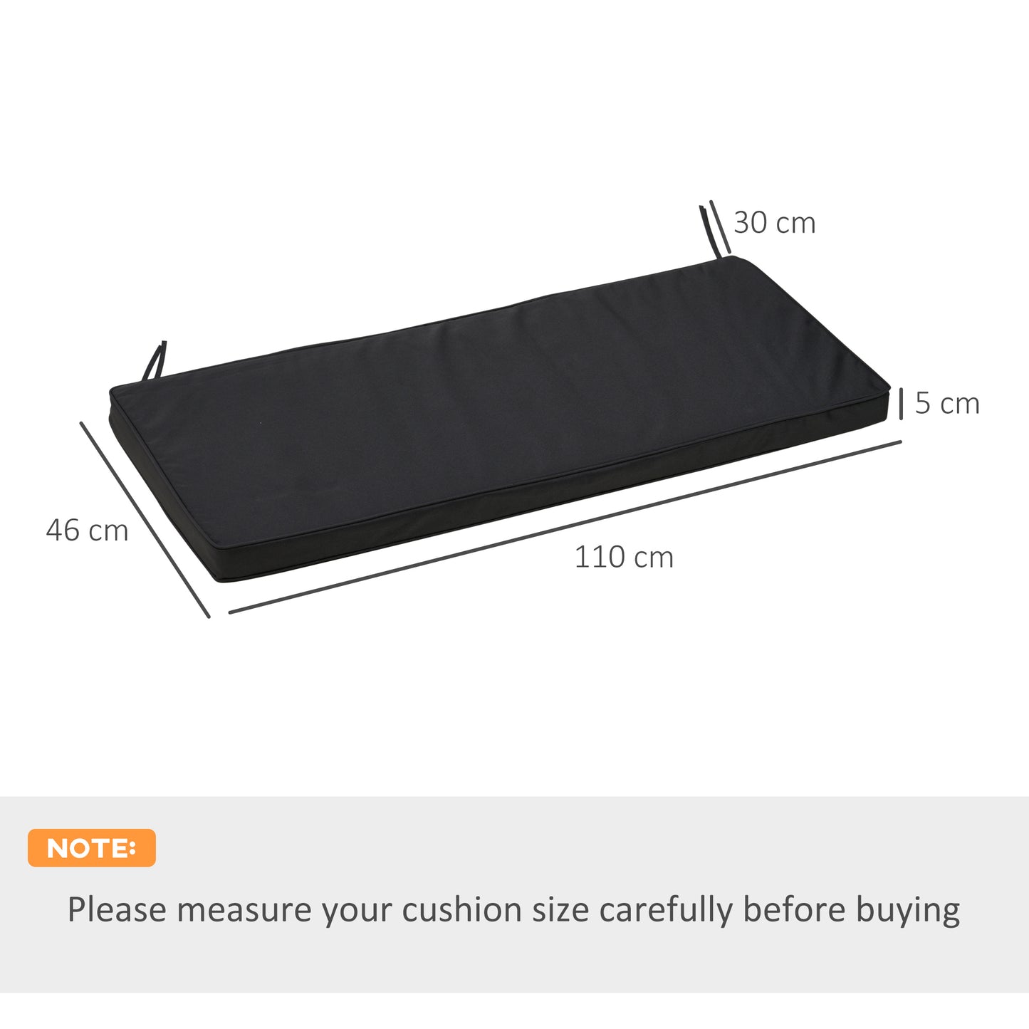 2-Seater Garden Bench Cushion with Ties, Swing Chair Cushion, Replacement Cushion for Outdoor Furniture, 110 x 46 cm, Black
