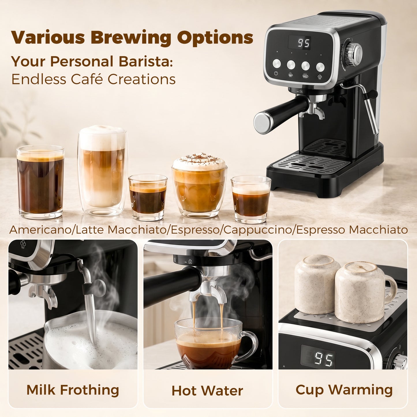 Espresso Machine, 20-Bar Cappuccino Coffee Maker with Frother Wand, 1.2 L Water Tank, Black