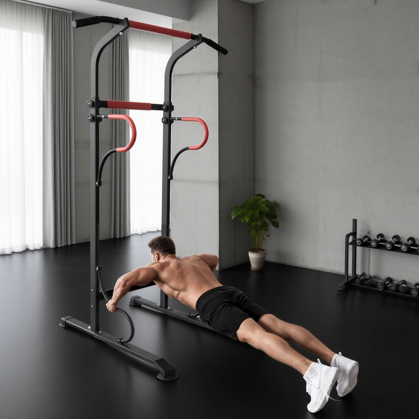 Steel Multi-Use Exercise Power Tower Pull Up Station Adjustable Height W/ Grips