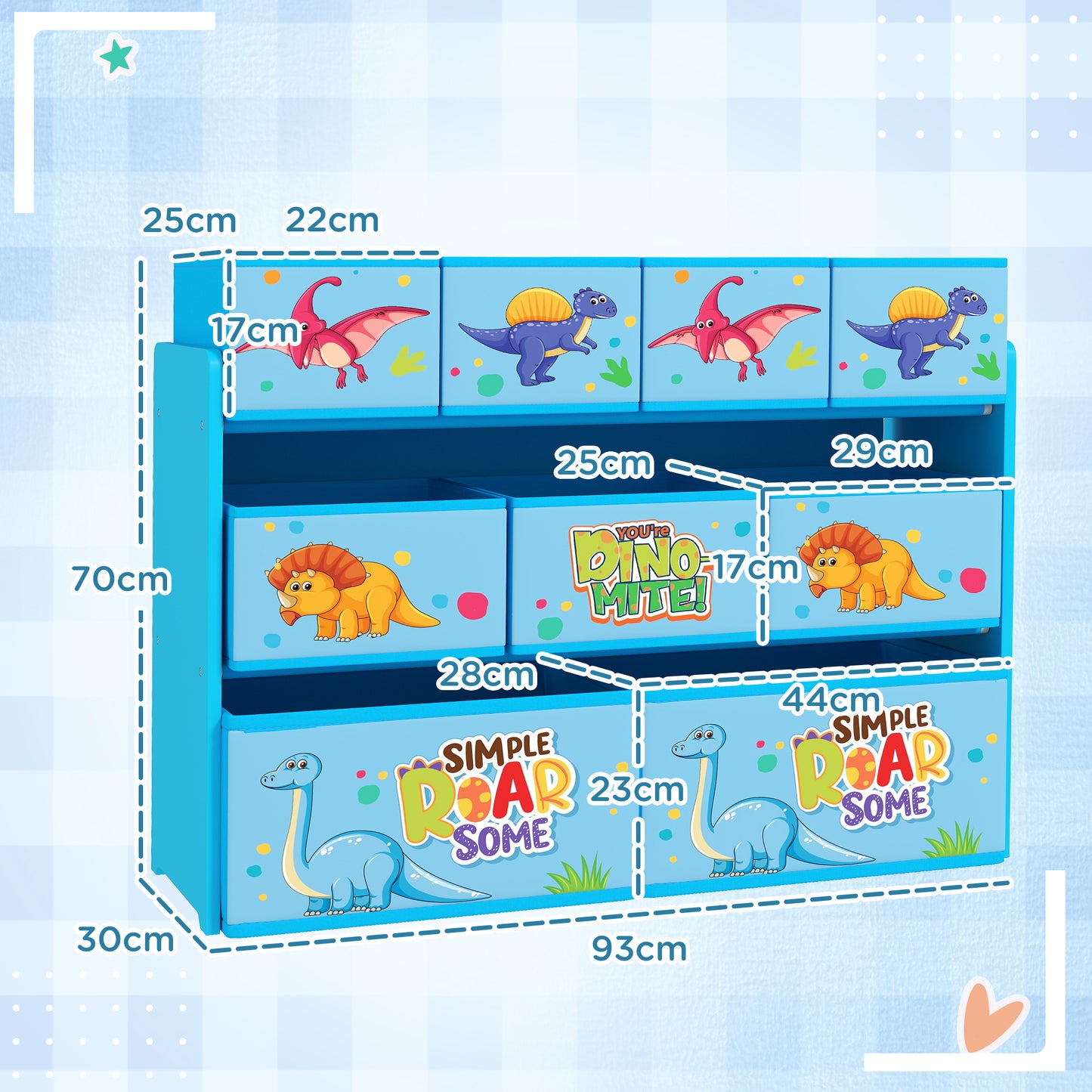 3-Tier Kids Storage Unit with 9 Non-Woven Fabric Boxes for Toys, Books, for Bedroom, Nursery, Blue
