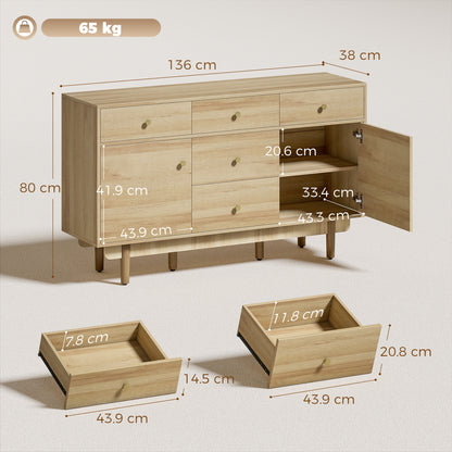 Sideboard with 5 Drawers and 2 Cabinets Buffet Cabinet with Solid Wood Legs 136 cm Walnut