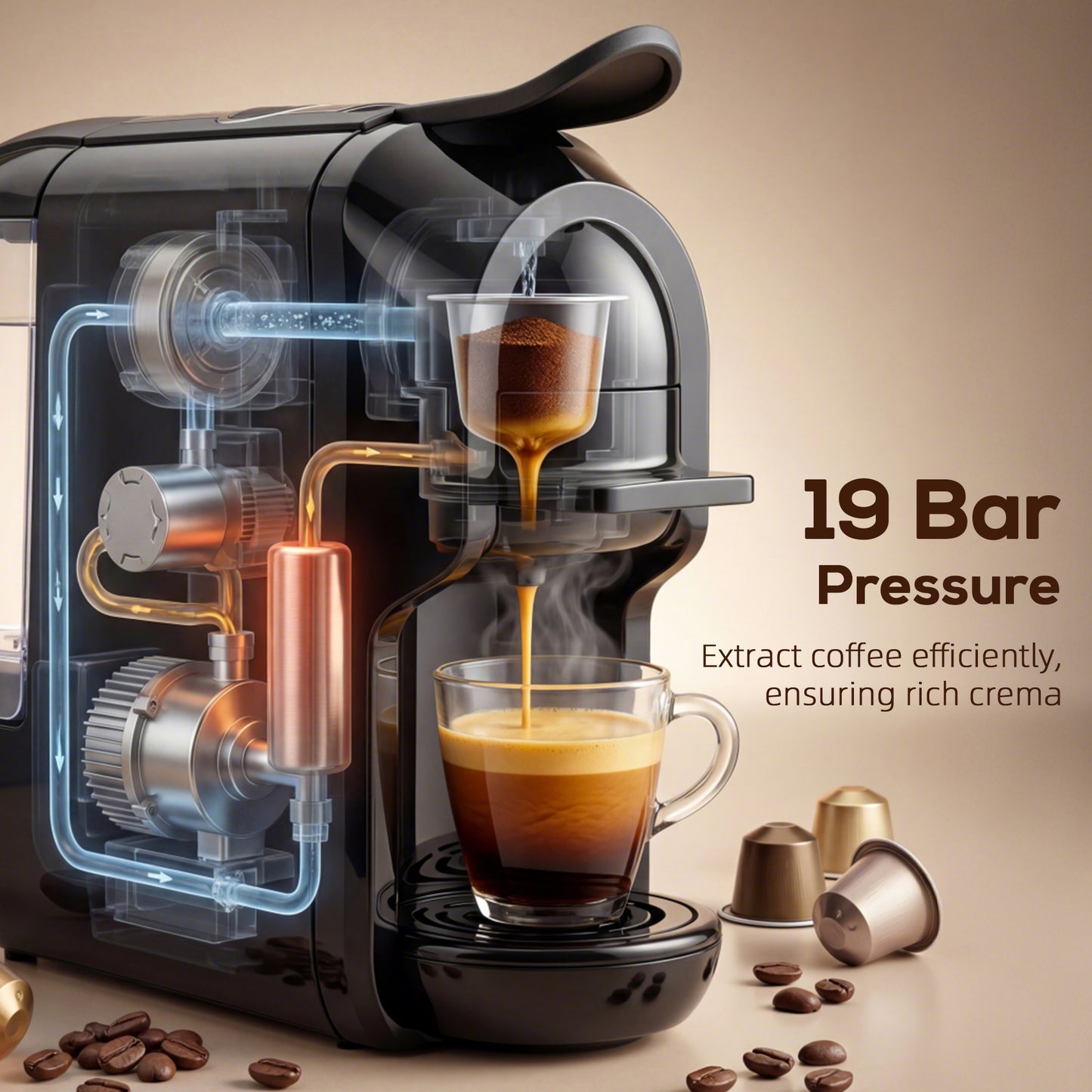 Pod Coffee Machine for Nespresso, Dolce Gusto Capsule & Ground Coffee, Small Semi Automatic Coffee Maker, 19 Bar, 0.6L