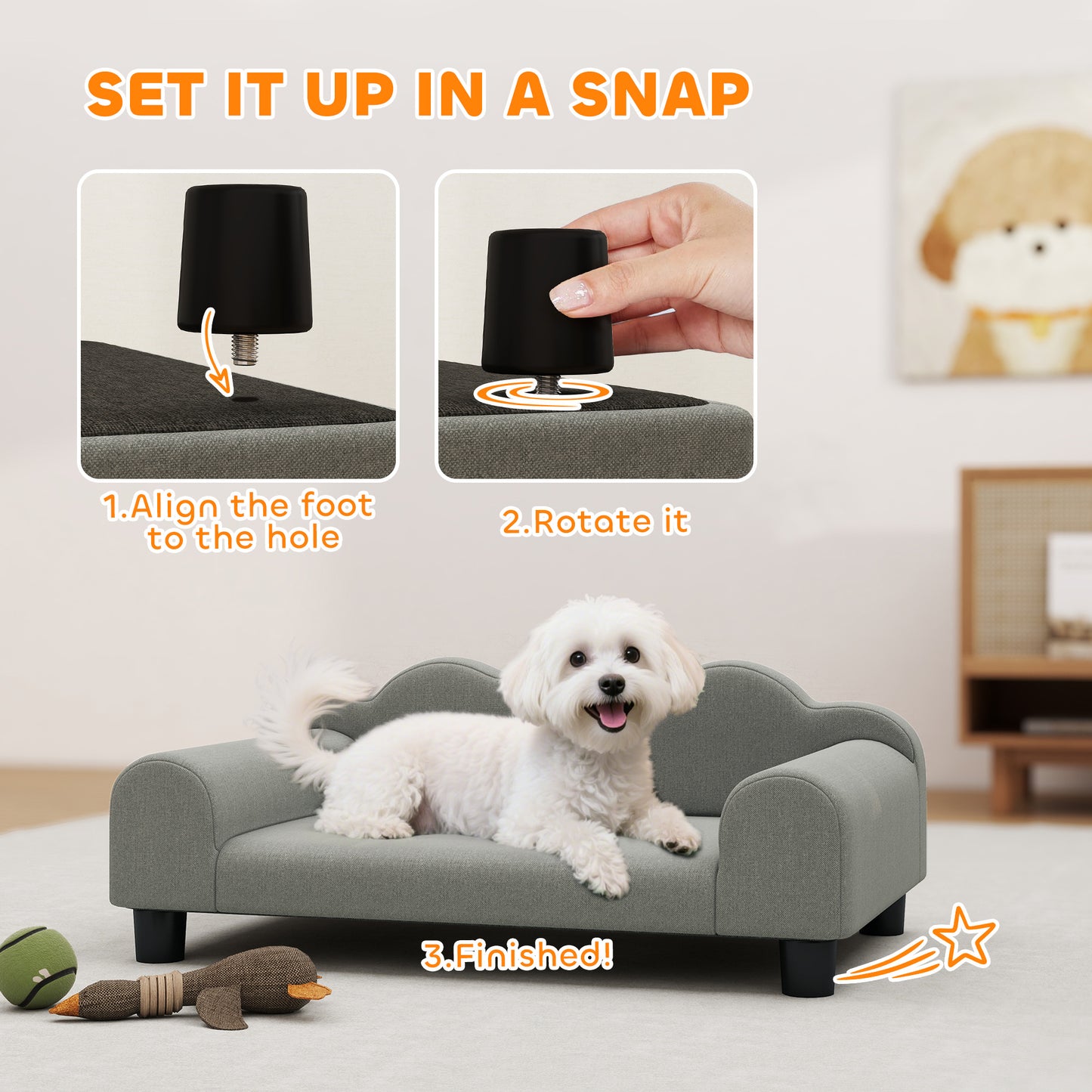 Elevated Dog Sofa Bed, Breathable Pet Sofa with Backrest and Armrest for Small Dogs, Grey