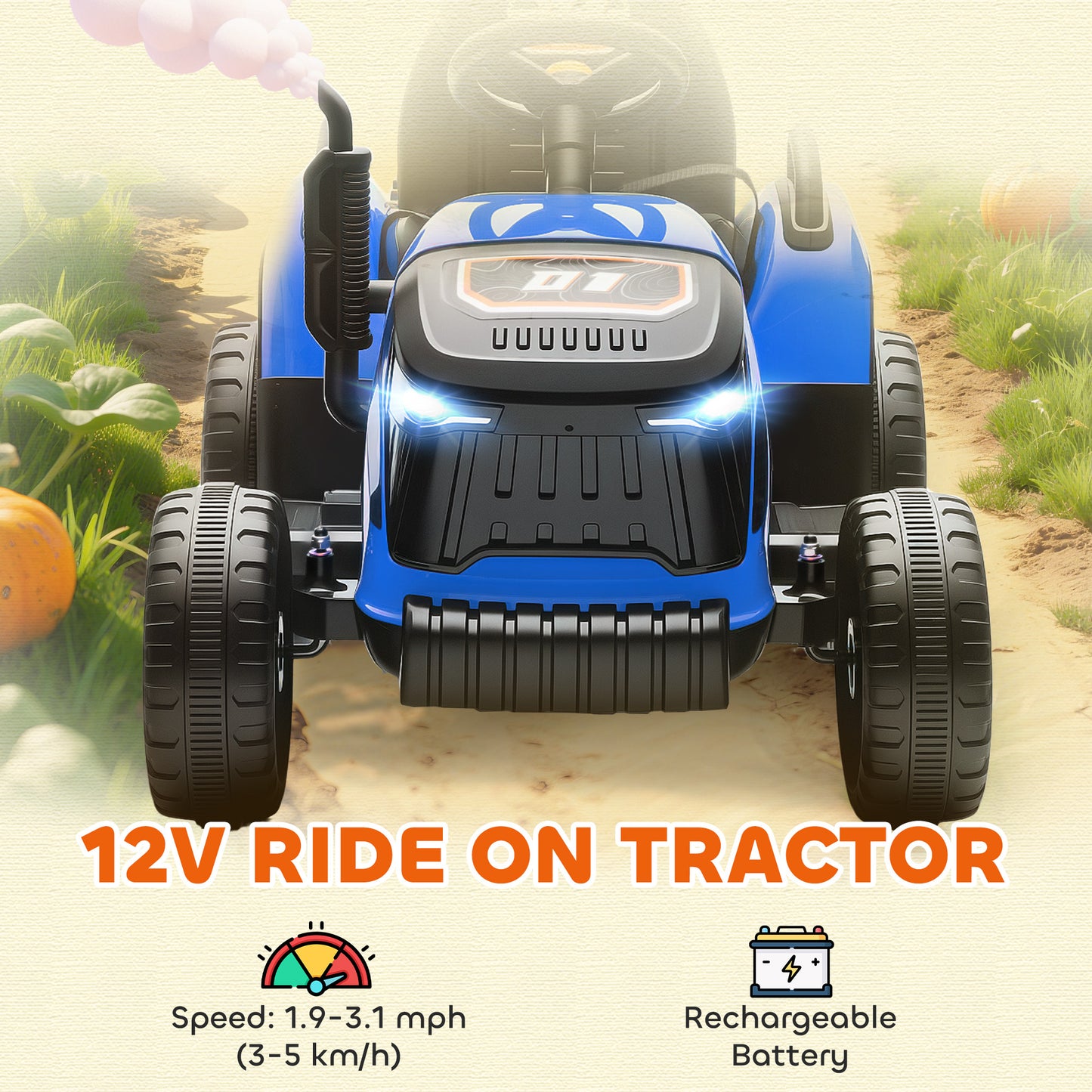 12V Ride on Tractor and Trailer with Remote Control, Music, Shifter, Start-Up Sound, for Kids Ages 3-8 Years, Blue