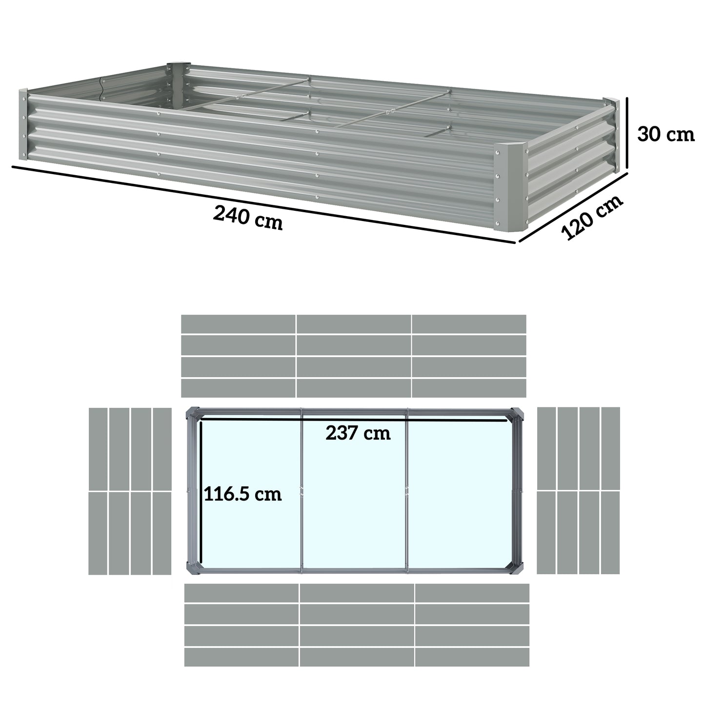 240 x 120cm Galvanised Steel Open Planter - Silver