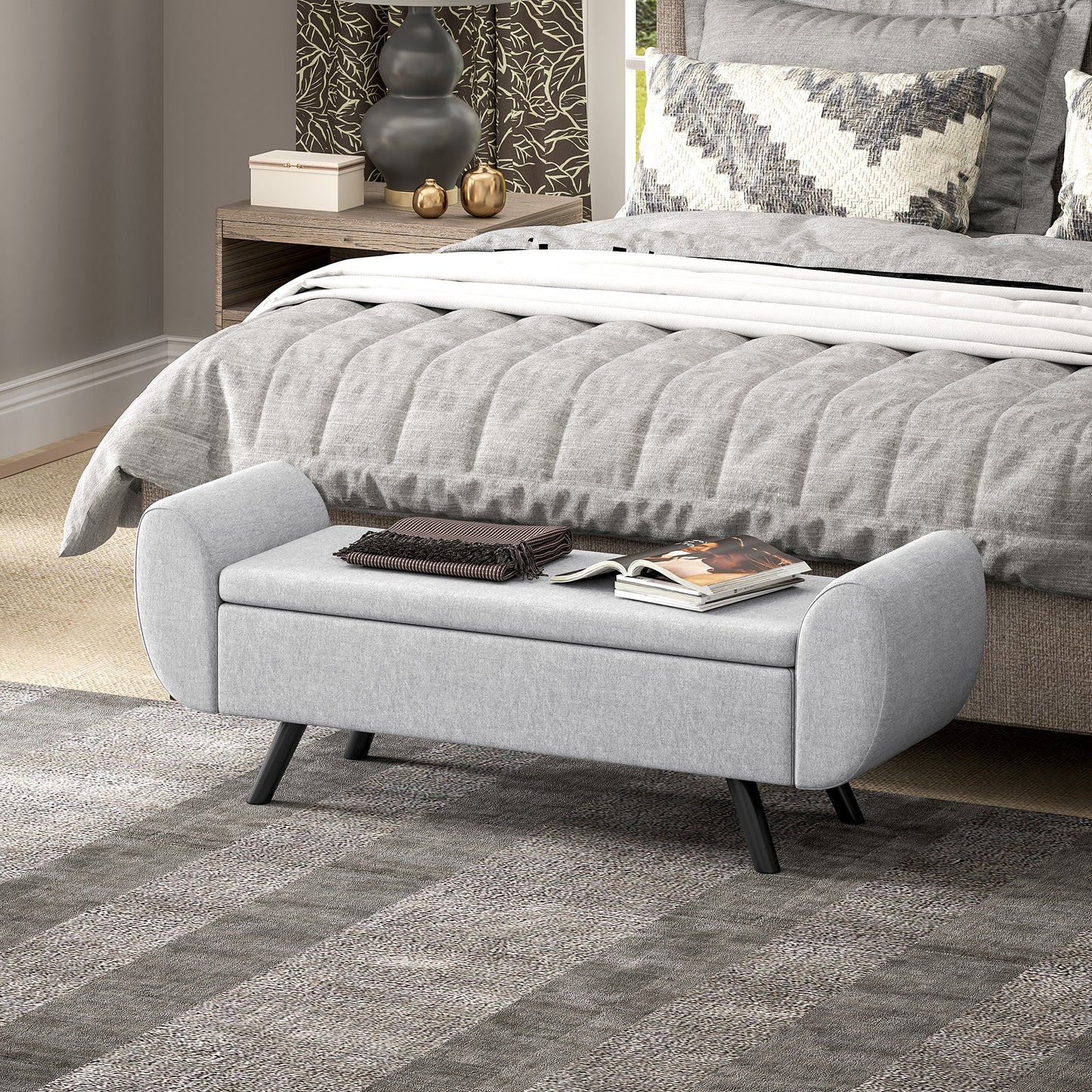 Storage Ottoman with Armrest, Window Seat, Upholstered Linen Storage Bench with Rubberwood Legs