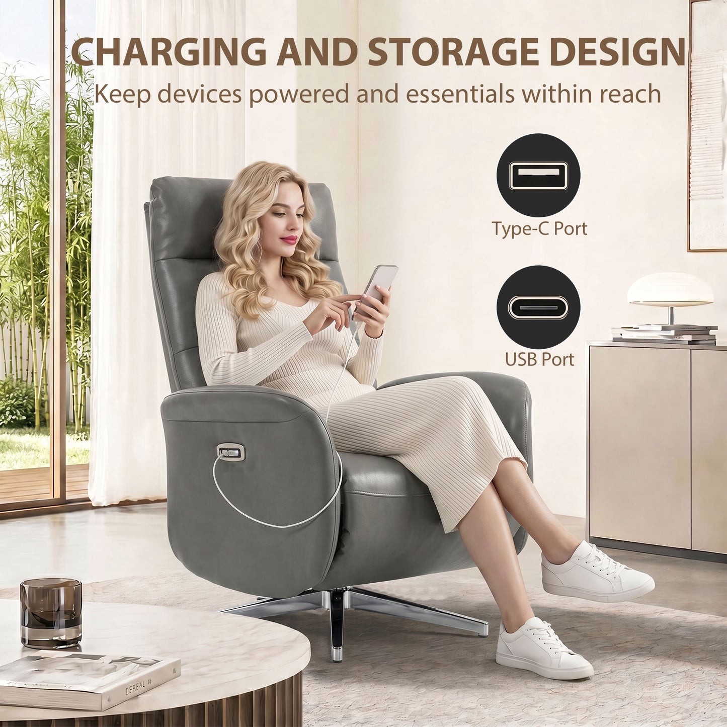 Power Recliner Chair, Swivel Electric Reclining Chair with Type C+USB, Recliner Armchair with Footrest, Dark Grey