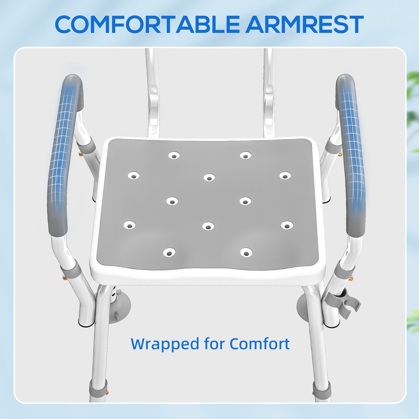 EVA Padded Shower Chair for the Elderly and Disabled, Height Adjustable Shower Stool with Back and Arms, 4 Suction Foot Pads
