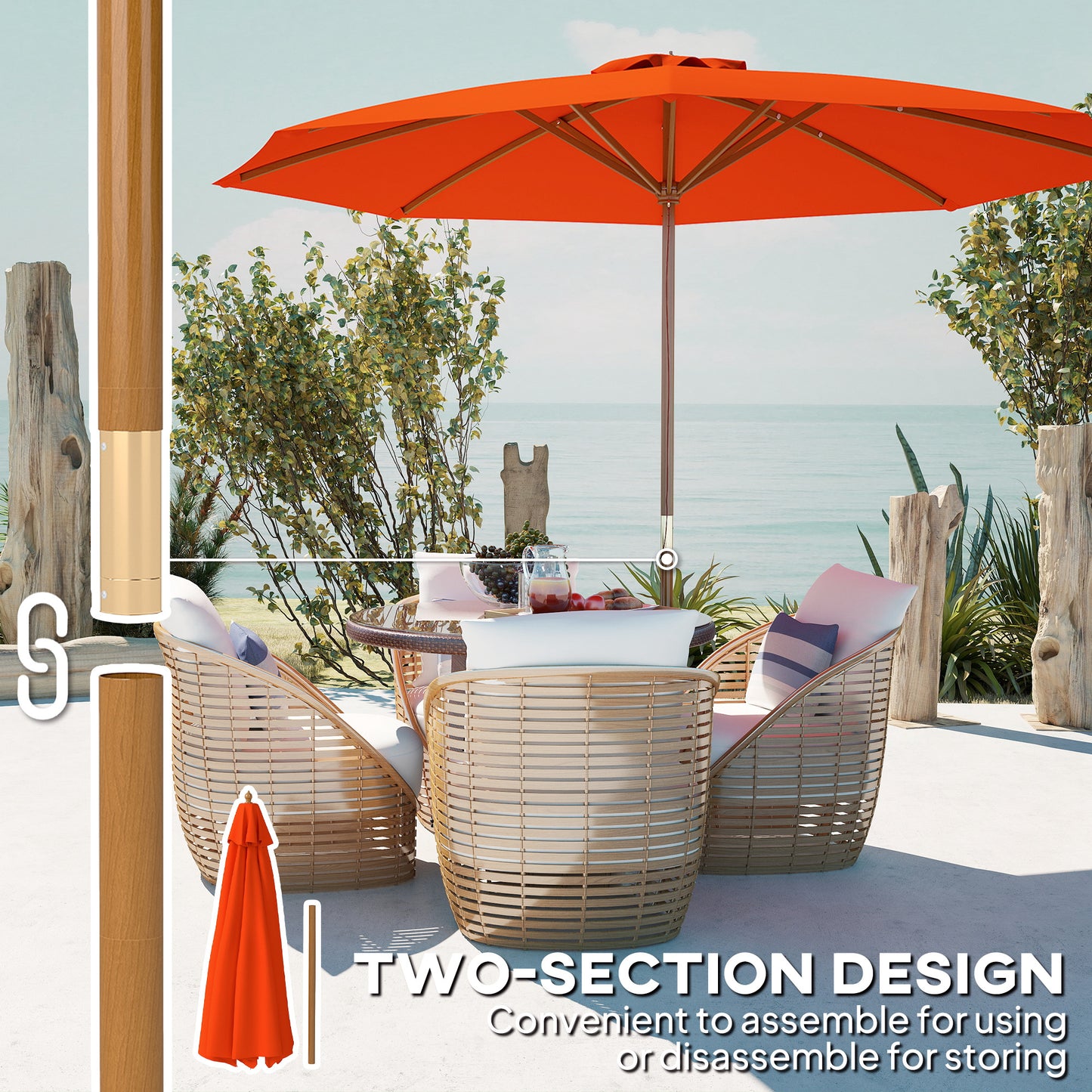 3m Wood Pole Parasol Umbrella - Orange