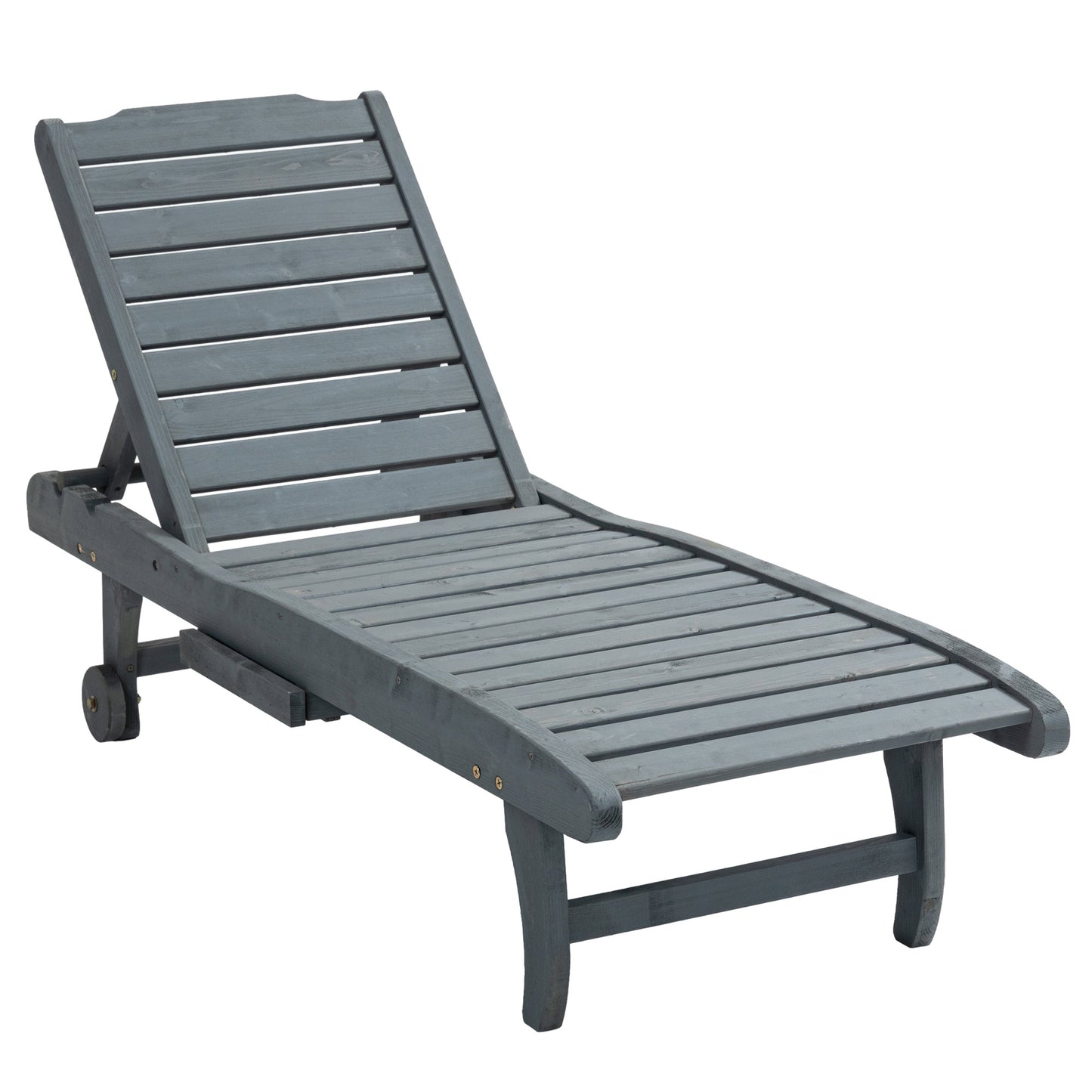 Garden Patio Sun Lounger, Outdoor Wooden Sun Bed with Built-In Table, Reclining Backrest and Rolling Wheels for Sunbathing