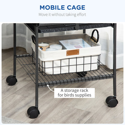 156cm Bird Cage,Large Parrot Cage with Open Play Top, Perch, Seed Guard, Wheels, Storage Shelf, Dark Grey