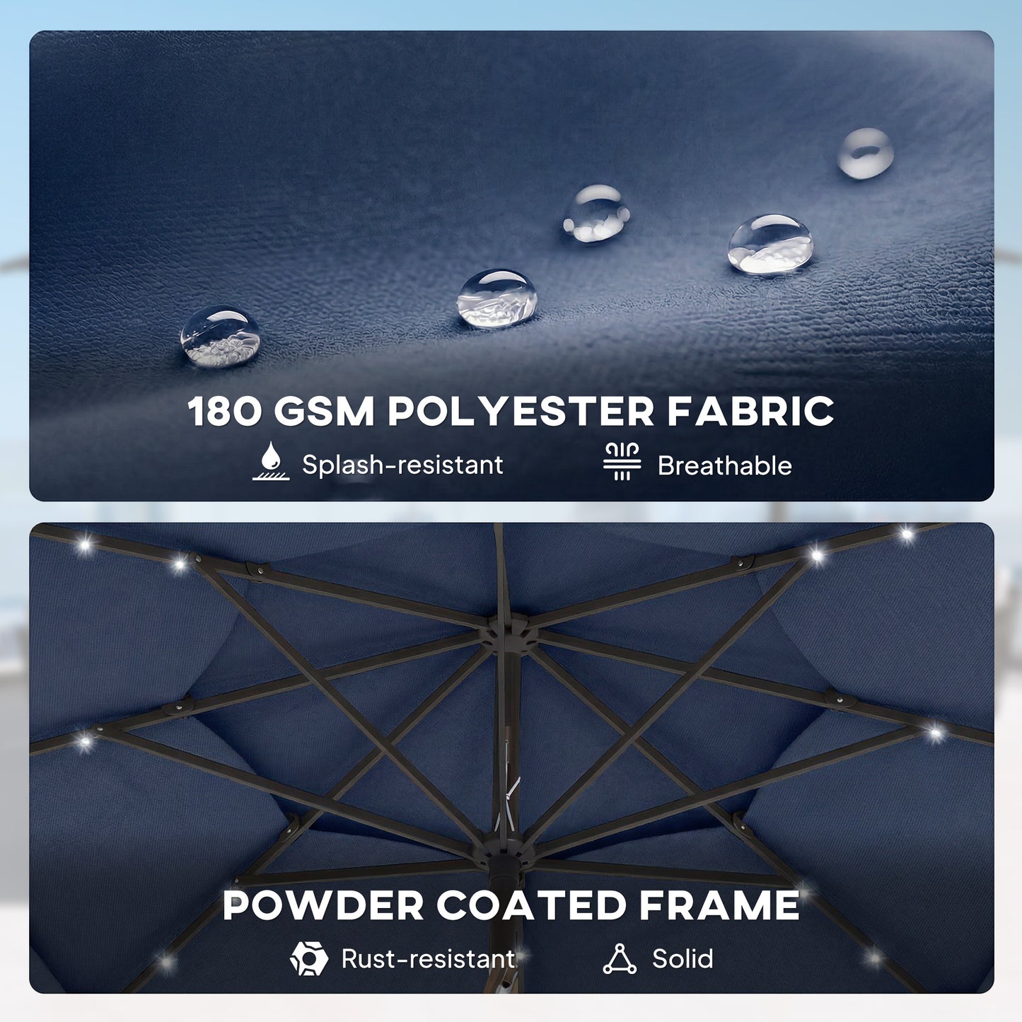 2.8 m Garden Parasol Umbrella with LED Solar Light, Parasol Cover, 3 Tier Outdoor Table Market Patio Umbrella, Navy Blue