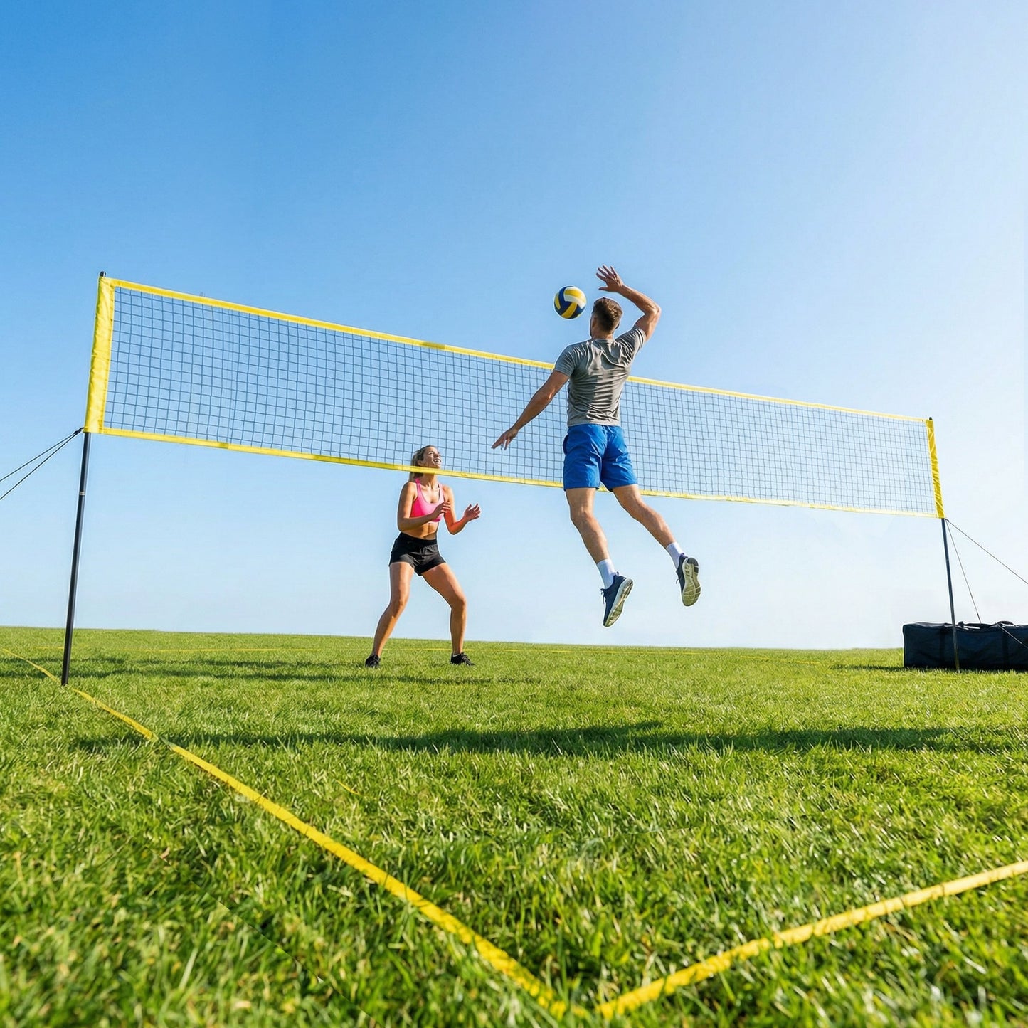Portable Volleyball Net Set with Adjustable Height Steel Poles, Volleyball, Boundary Line and Carrying Bag for Beach