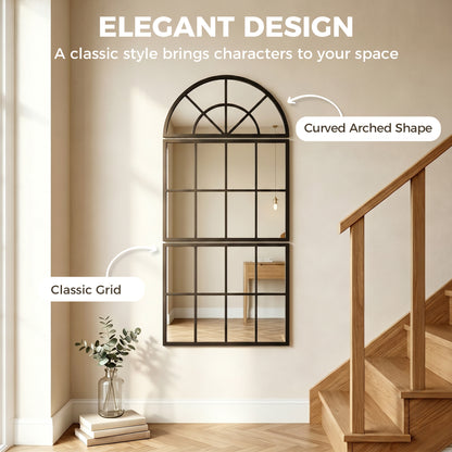 Large Arched Wall Mirror with Metal Grid, 3-Piece Split Window Mirrors, 120 x 54 cm, Black