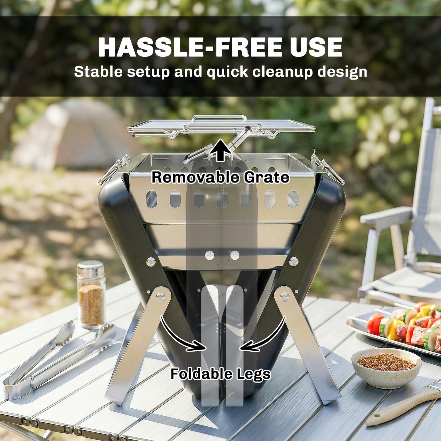 Charcoal BBQ Grill Portable Stainless Steel Barbecue with Tilting Grate for Camping Picnic Garden Black