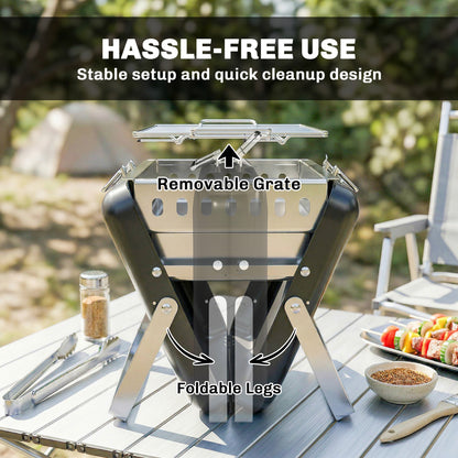 Charcoal BBQ Grill Portable Stainless Steel Barbecue with Tilting Grate for Camping Picnic Garden Black