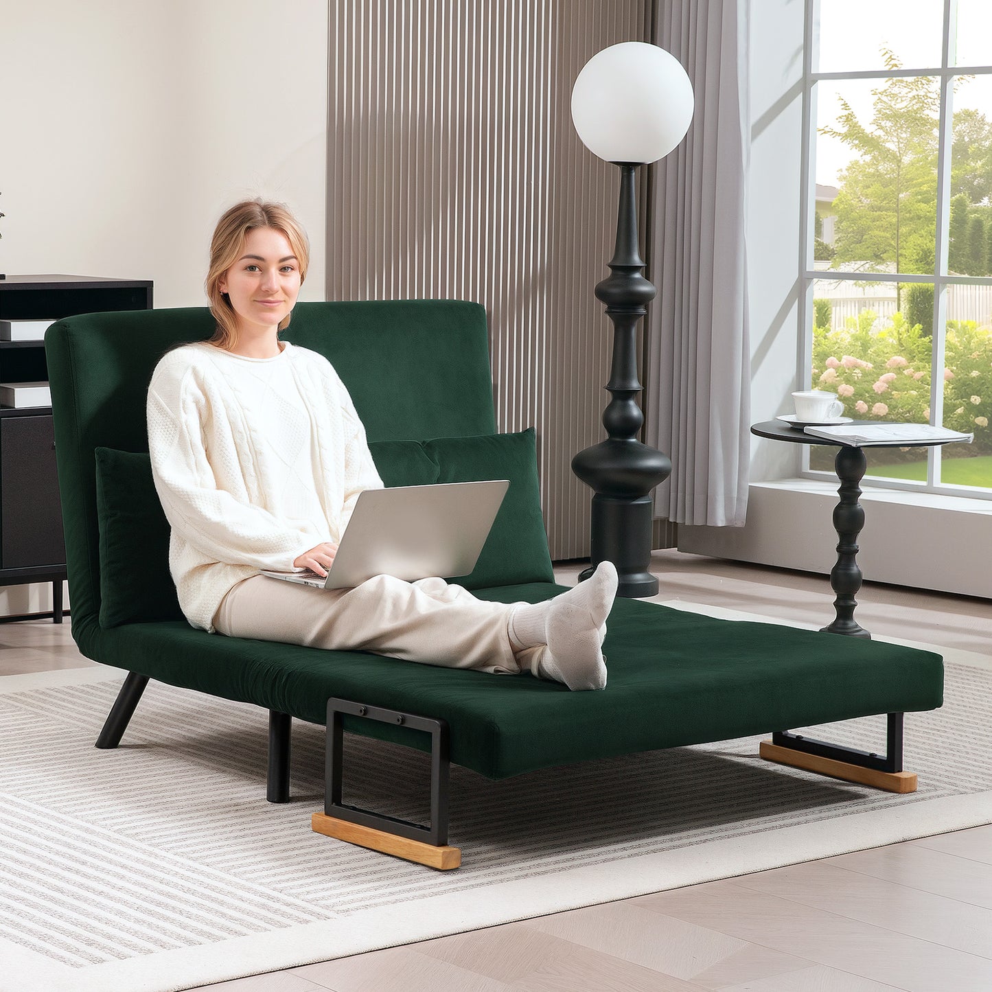 4-in-1 Velvet-Feel Double Sofa Bed, with Pillows - Green