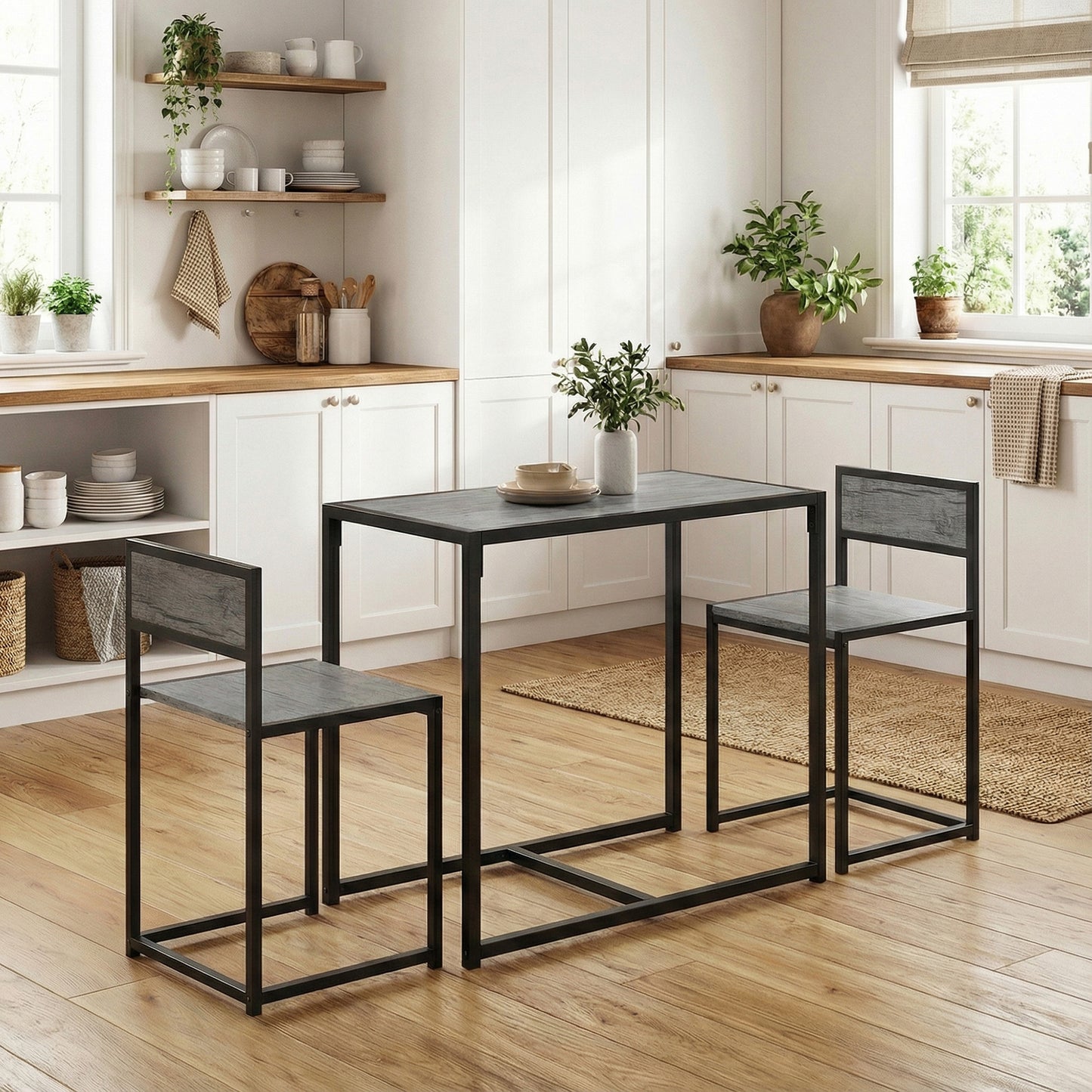 3 Piece Table Stool Set - Charcoal Grey Wood-Effect