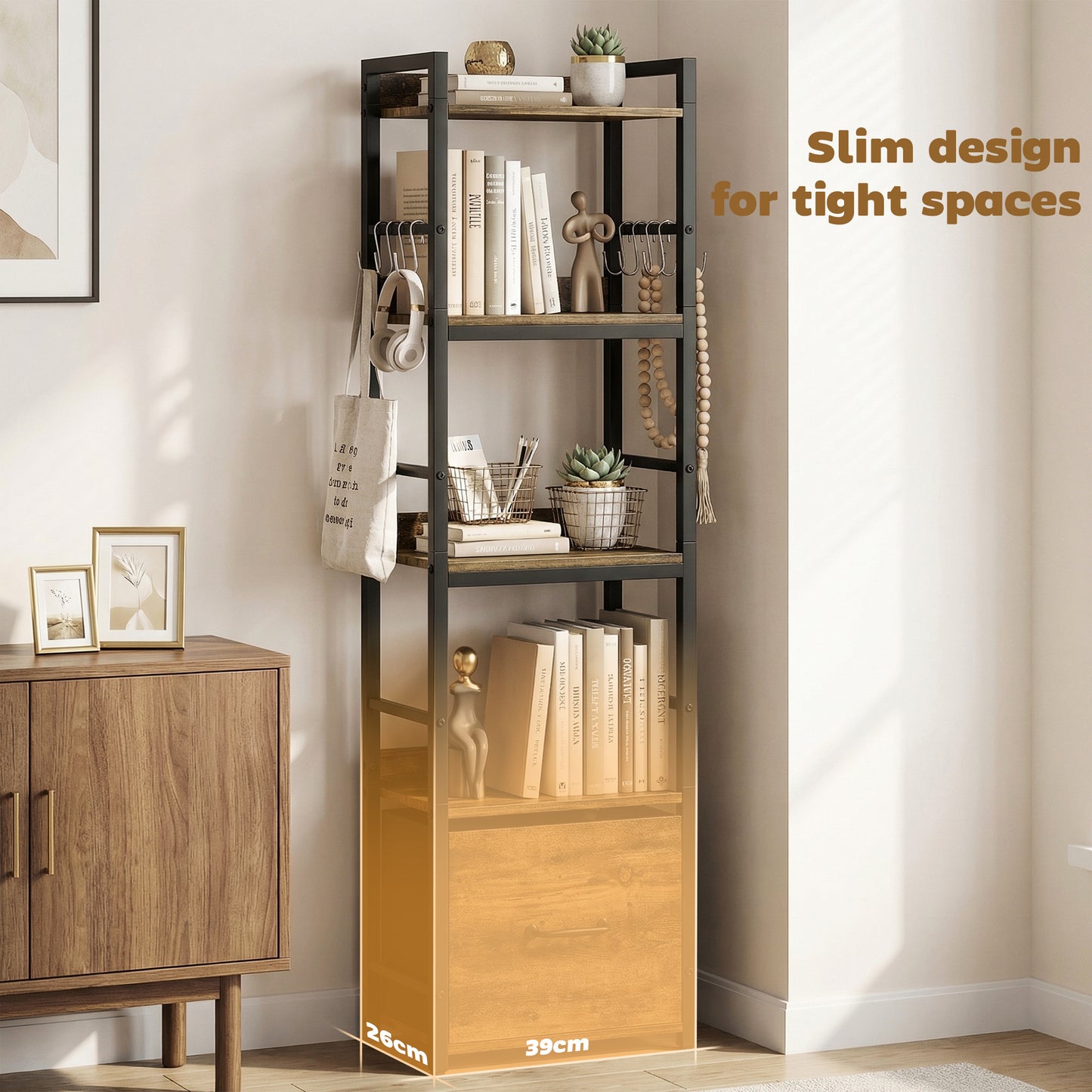 4-Tier Bookshelf, Narrow Bookcase with Drawer, 8 Hooks, Metal Frame, Rustic Brown