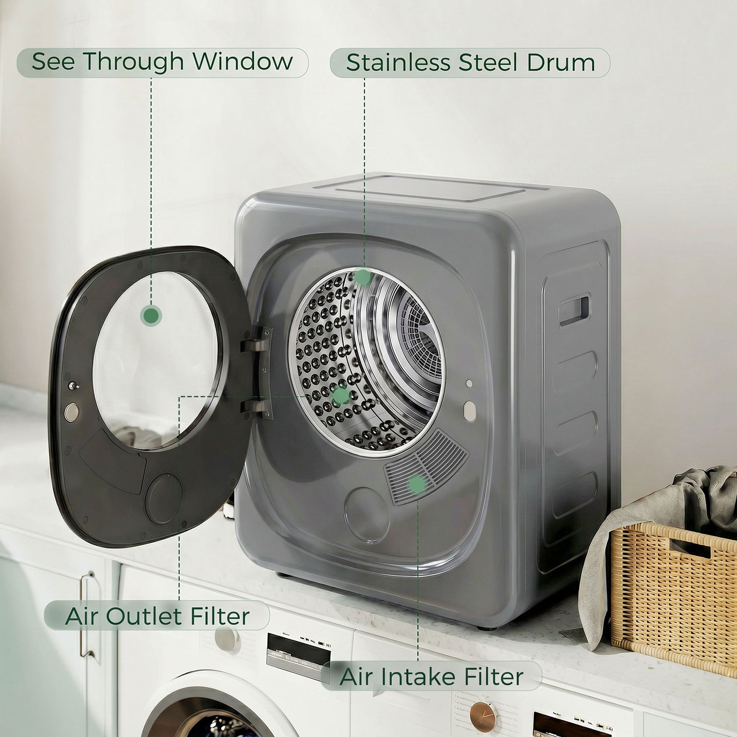 4kg Vented Tumble Dryer with 5 Drying Mode, 800W Compact Freestanding Front Tumble Dryer, Silver