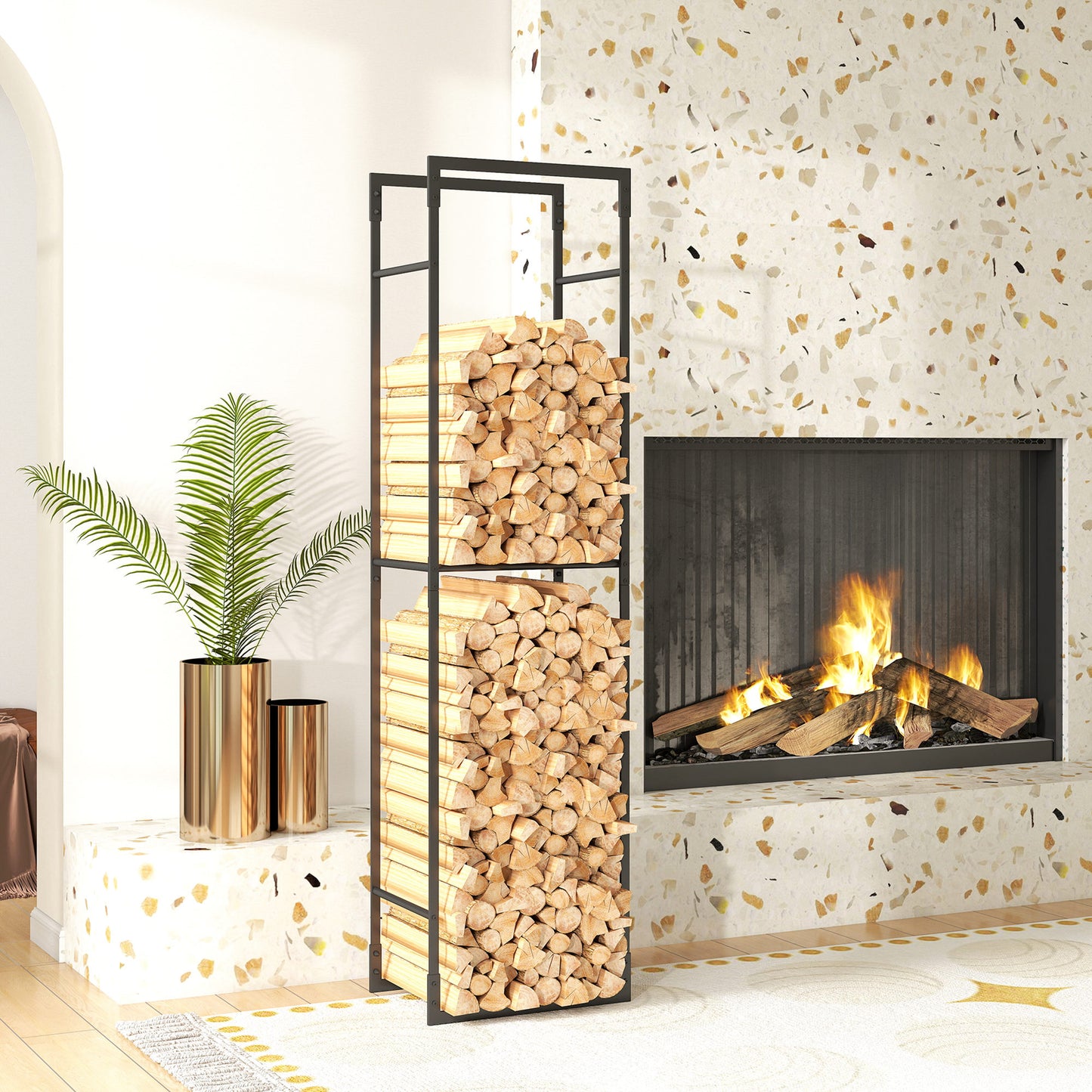 Metal Firewood Log Holder, Heavy Duty Firewood Rack with Adjustable Shelf, Indoor Outdoor Fireplace Wood Storage Shelf