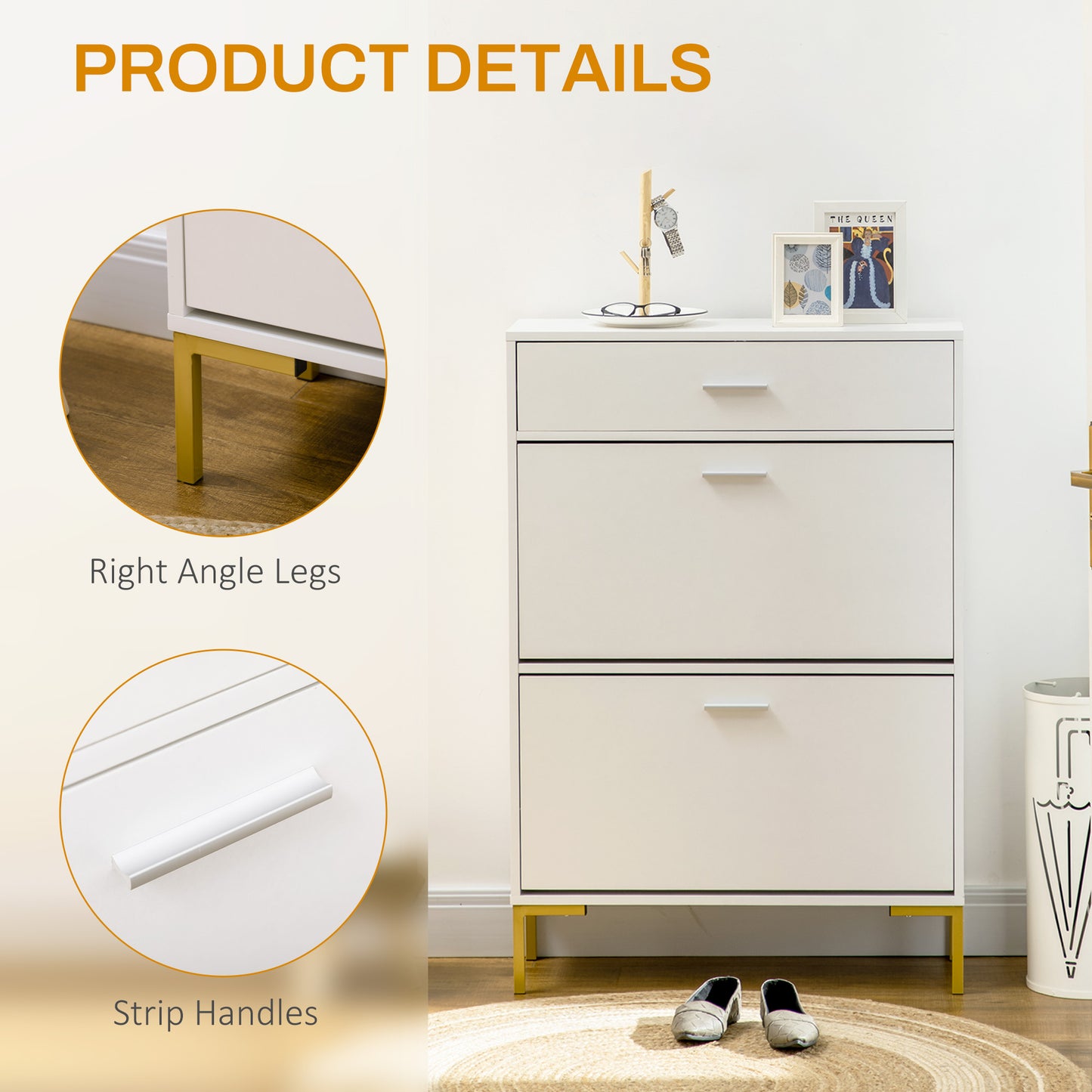 Three Drawer Slim Shoe Storage Cabinet, 12 Shoe Pairs - White
