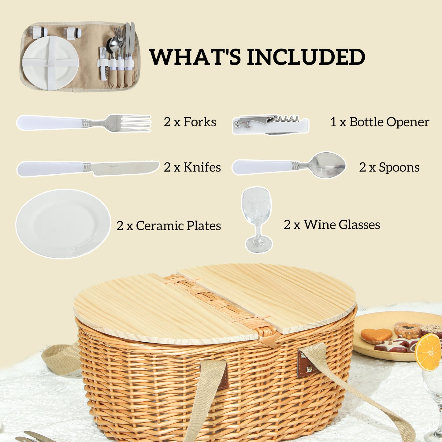 Wicker Picnic Basket for 2 with Pine Wood Lid, Picnic Hamper with Cooler Compartment, Cutlery Service Kits