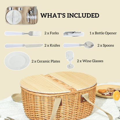 Wicker Picnic Basket for 2 with Pine Wood Lid, Picnic Hamper with Cooler Compartment, Cutlery Service Kits
